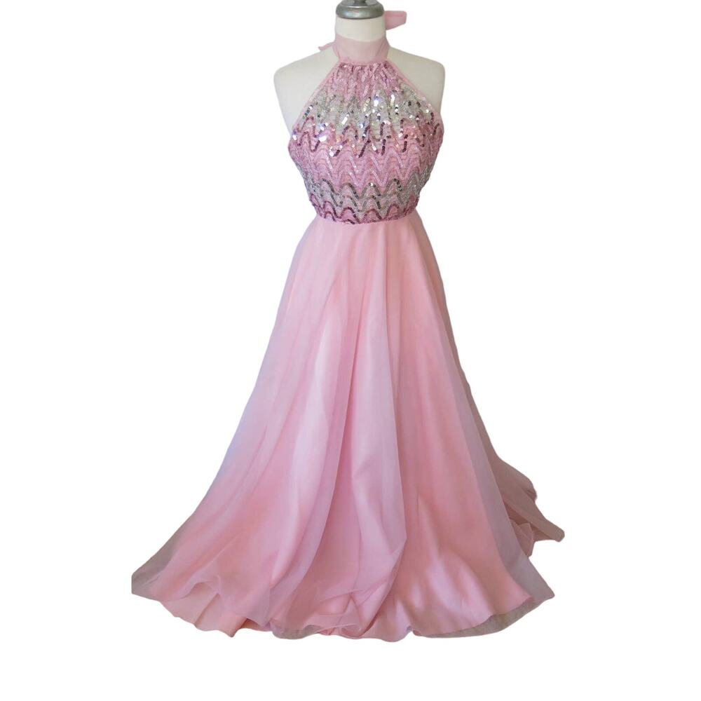 VINTAGE 1970's Formal Ball Gown Size 7 Halter Sequins Tulle Pink Barbie Glam